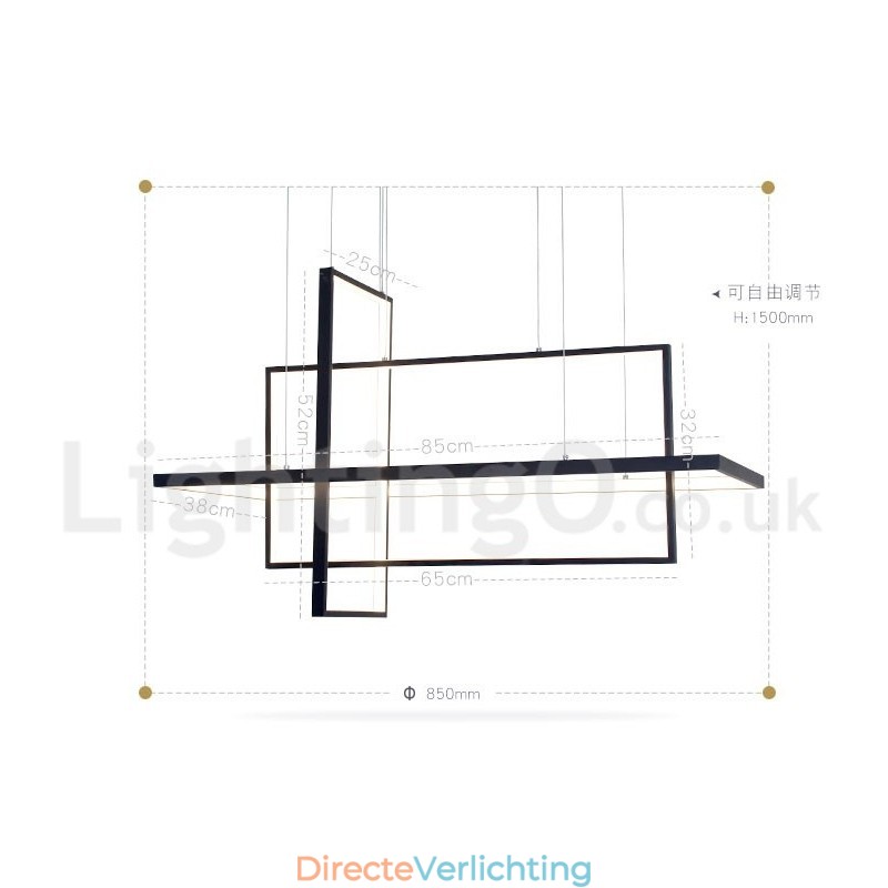 Dimbare hanglamp met afstandsbediening, modern design, drie rechthoeken