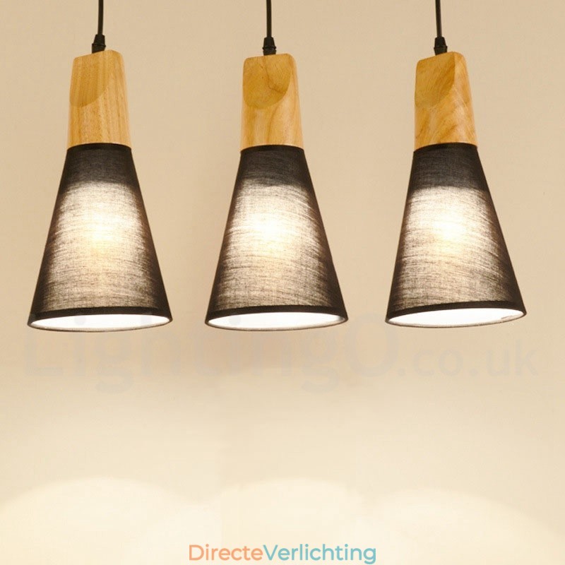 Moderne hanglamp van hout met 1 licht en 3 lampen en stoffen kap
