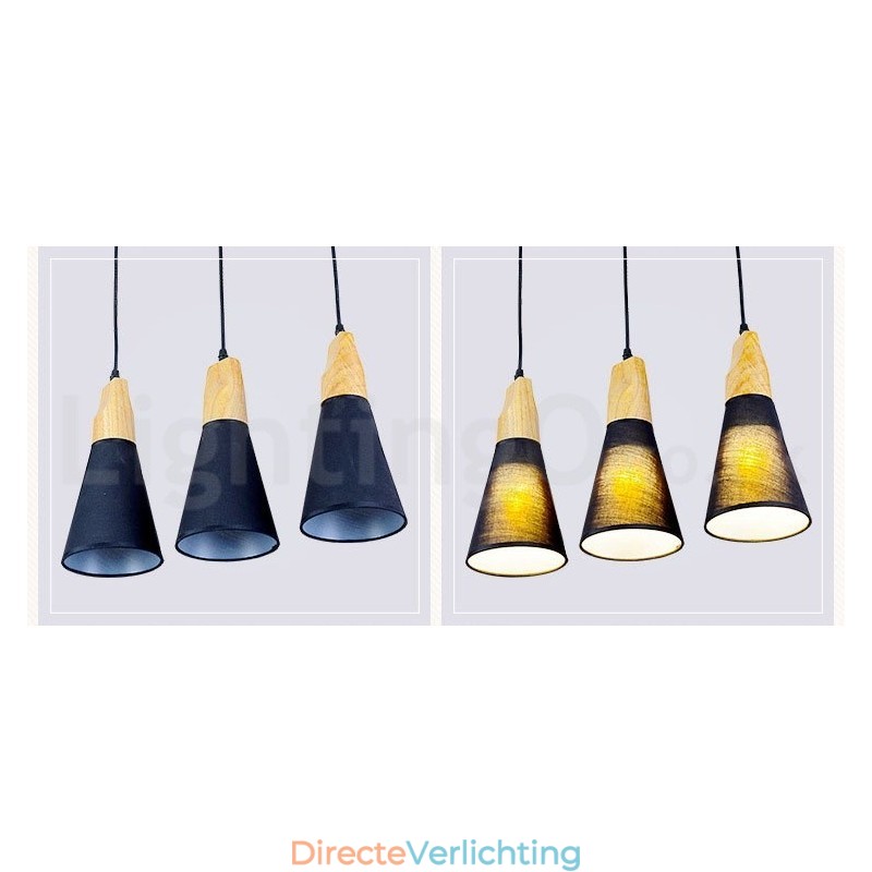 Moderne hanglamp van hout met 1 licht en 3 lampen en stoffen kap
