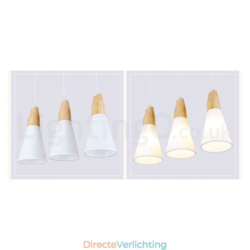 Moderne hanglamp van hout met 1 licht en 3 lampen en stoffen kap