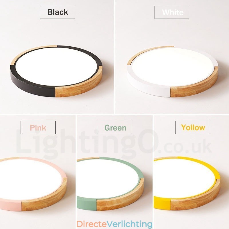 Ultradunne, veelkleurige ronde plafondlamp van hout, massief houten kap, plafondlamp in Scandinavische stijl