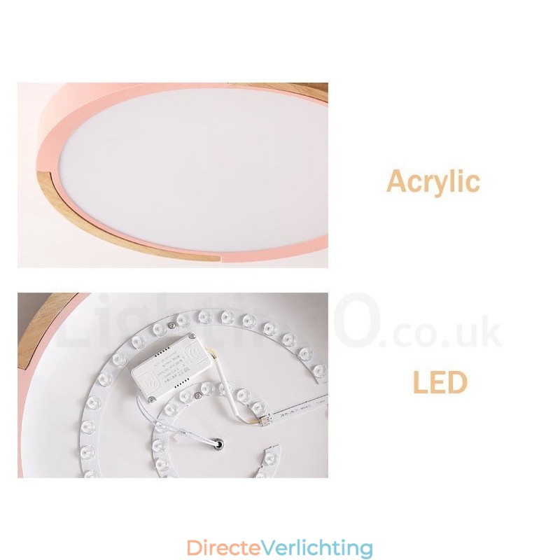 Ultradunne, veelkleurige ronde plafondlamp van hout, massief houten kap, plafondlamp in Scandinavische stijl