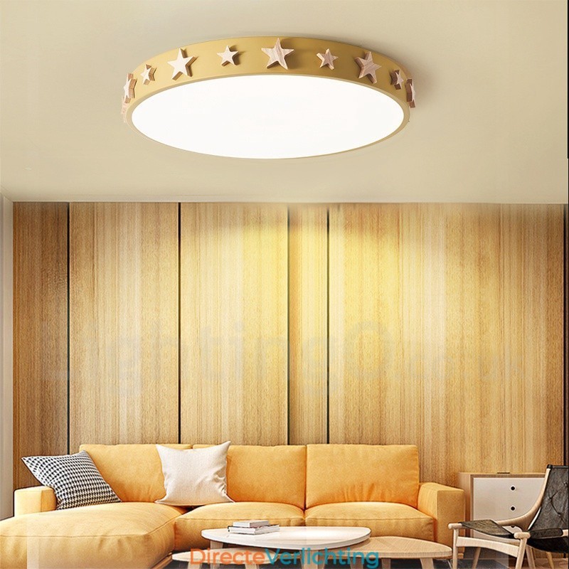 Dimbare ultradunne, veelkleurige, ronde plafondlamp van hout met acrylkap Plafondlamp in Scandinavische stijl
