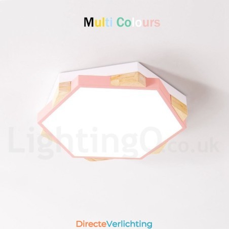 Dimbare, meerkleurige zeshoekige plafondlamp van hout met acrylkap Plafondlamp in Scandinavische stijl Dimbare, meerkleurige zeshoekige plafondlamp van hout met acrylkap Plafondlamp in Scandinavische stijl