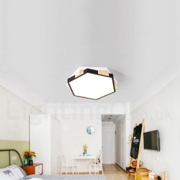 Dimbare, meerkleurige zeshoekige plafondlamp van hout met acrylkap Plafondlamp in Scandinavische stijl