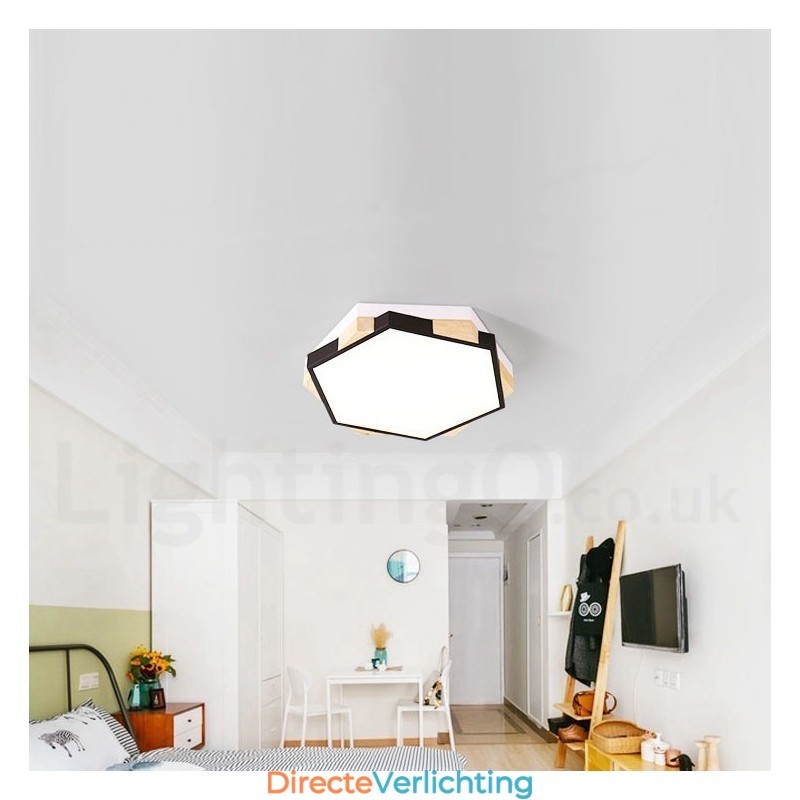 Dimbare, meerkleurige zeshoekige plafondlamp van hout met acrylkap Plafondlamp in Scandinavische stijl