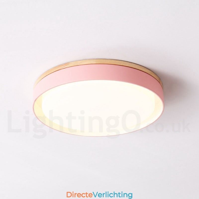 Dimbare, veelkleurige, ronde plafondlamp van hout met acrylkap Plafondlamp in Scandinavische stijl