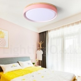 Dimbare, veelkleurige, ronde plafondlamp van hout met acrylkap Plafondlamp in Scandinavische stijl