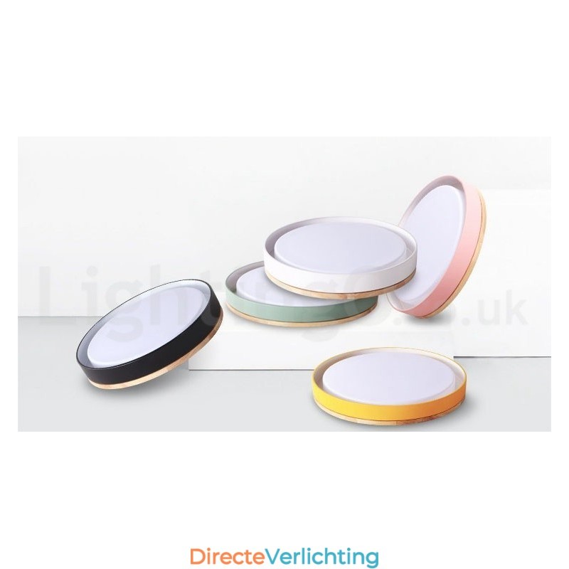 Dimbare, veelkleurige, ronde plafondlamp van hout met acrylkap Plafondlamp in Scandinavische stijl