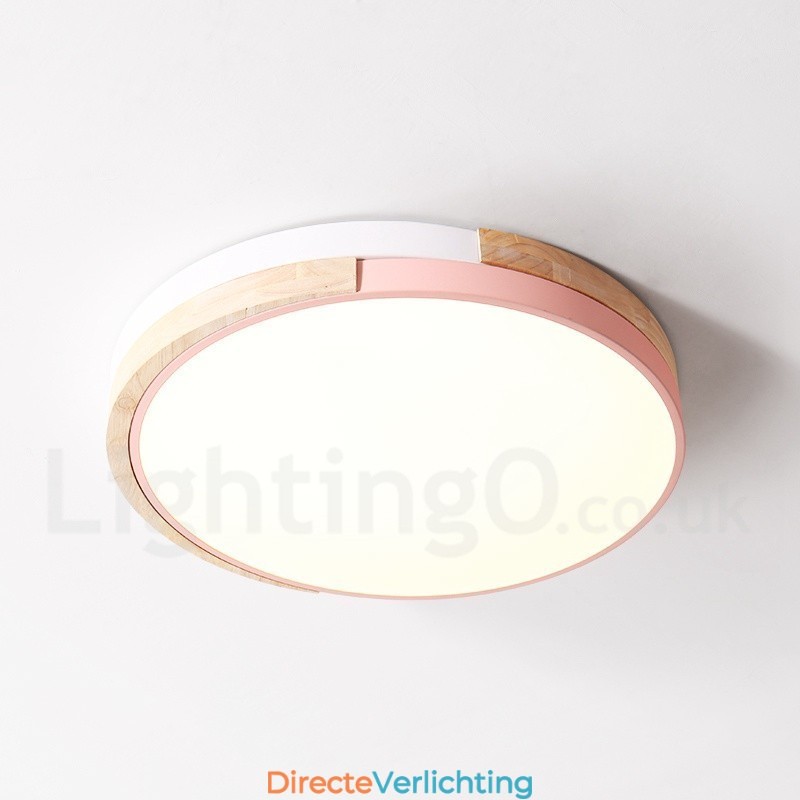 Dimbare ronde plafondlamp van hout met meerdere kleuren en acryl kap Plafondlamp in Scandinavische stijl