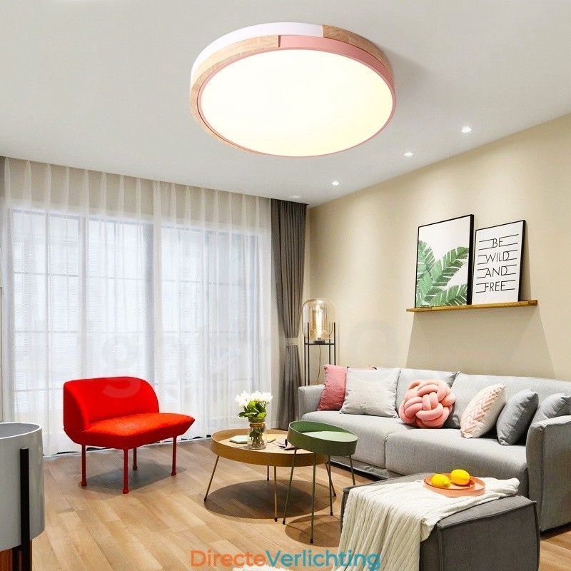 Dimbare ronde plafondlamp van hout met meerdere kleuren en acryl kap Plafondlamp in Scandinavische stijl
