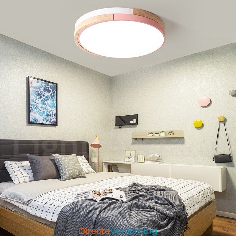 Dimbare ronde plafondlamp van hout met meerdere kleuren en acryl kap Plafondlamp in Scandinavische stijl