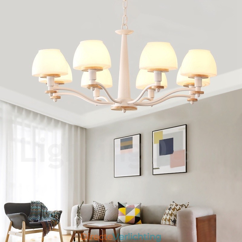 6-lichts 8-lichts multikleurige Macaron-houten hanglamp met glazen kappen kroonluchter Scandinavische stijl