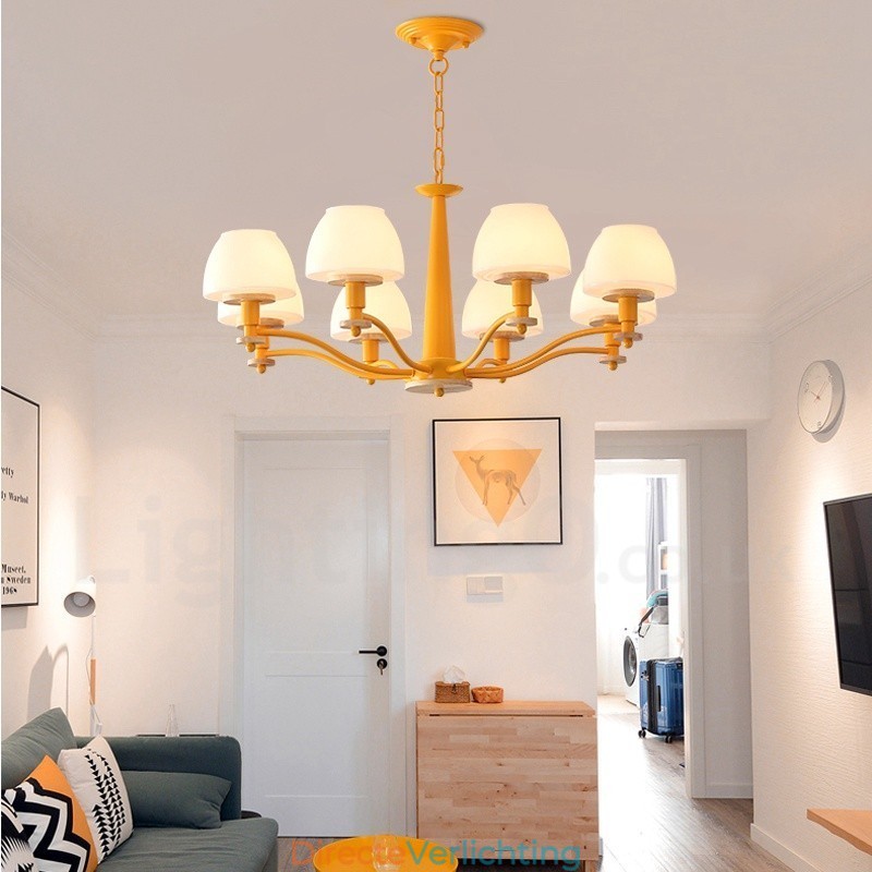 6-lichts 8-lichts multikleurige Macaron-houten hanglamp met glazen kappen kroonluchter Scandinavische stijl