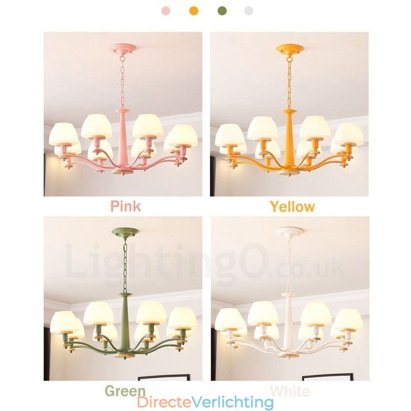 6-lichts 8-lichts multikleurige Macaron-houten hanglamp met glazen kappen kroonluchter Scandinavische stijl