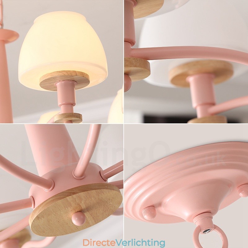 6-lichts 8-lichts multikleurige Macaron-houten hanglamp met glazen kappen kroonluchter Scandinavische stijl