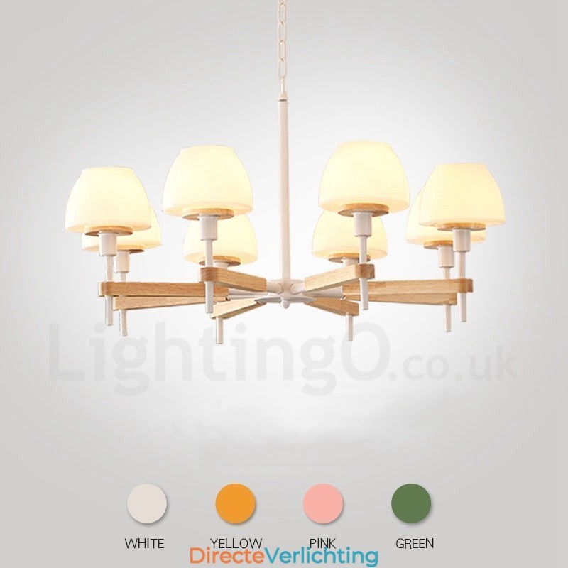 6-lichts 8-lichts multikleurige Macaron-houten hanglamp met glazen kappen kroonluchter Scandinavische stijl