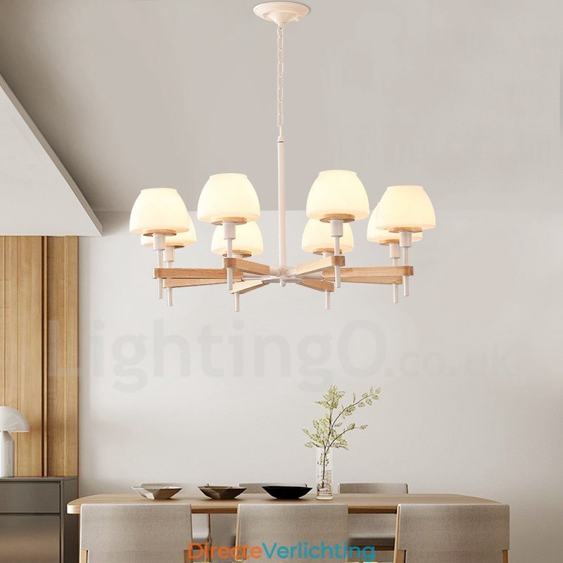 6-lichts 8-lichts multikleurige Macaron-houten hanglamp met glazen kappen kroonluchter Scandinavische stijl