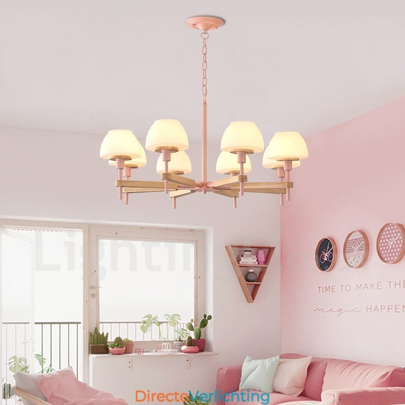 6-lichts 8-lichts multikleurige Macaron-houten hanglamp met glazen kappen kroonluchter Scandinavische stijl
