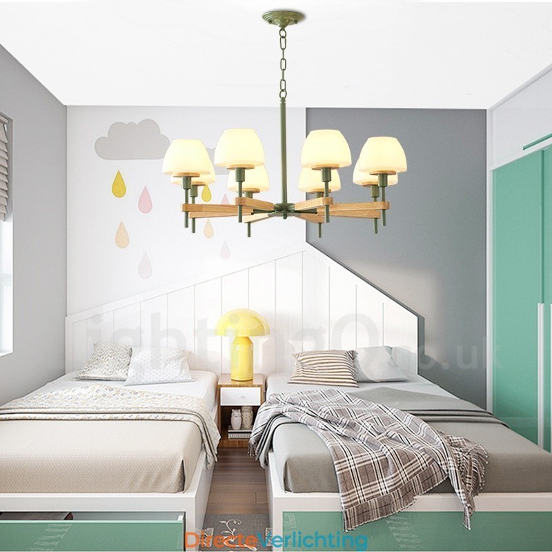 6-lichts 8-lichts multikleurige Macaron-houten hanglamp met glazen kappen kroonluchter Scandinavische stijl