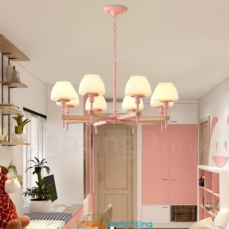 6-lichts 8-lichts multikleurige Macaron-houten hanglamp met glazen kappen kroonluchter Scandinavische stijl