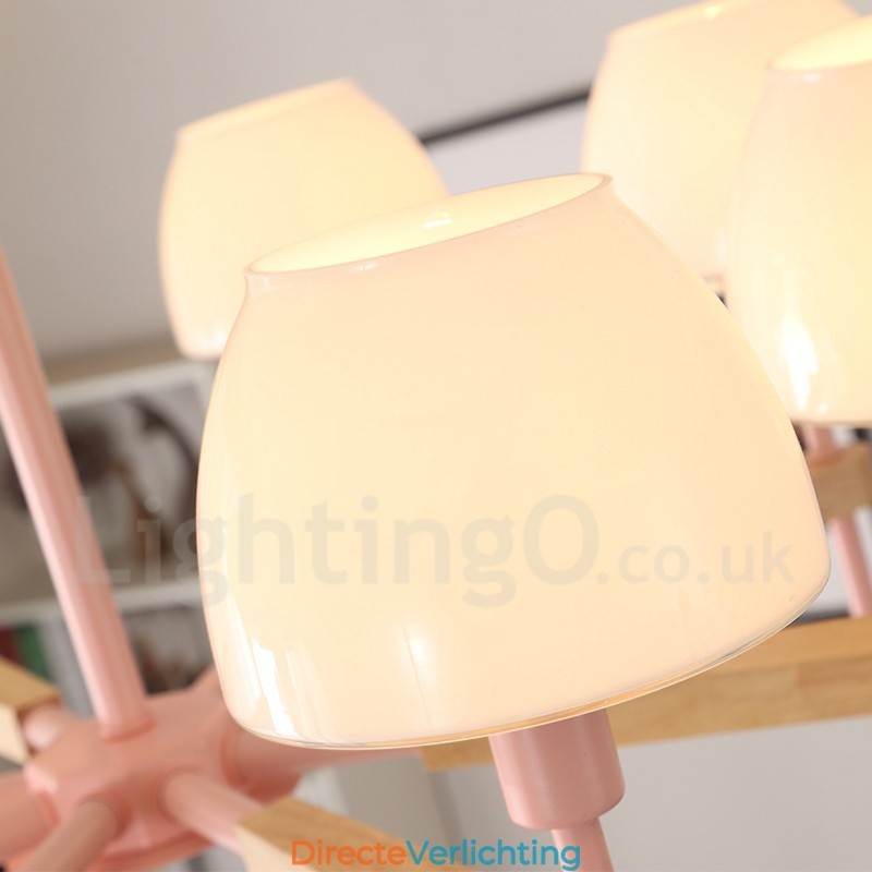 6-lichts 8-lichts multikleurige Macaron-houten hanglamp met glazen kappen kroonluchter Scandinavische stijl