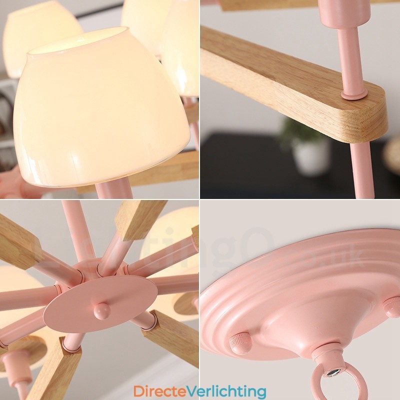 6-lichts 8-lichts multikleurige Macaron-houten hanglamp met glazen kappen kroonluchter Scandinavische stijl