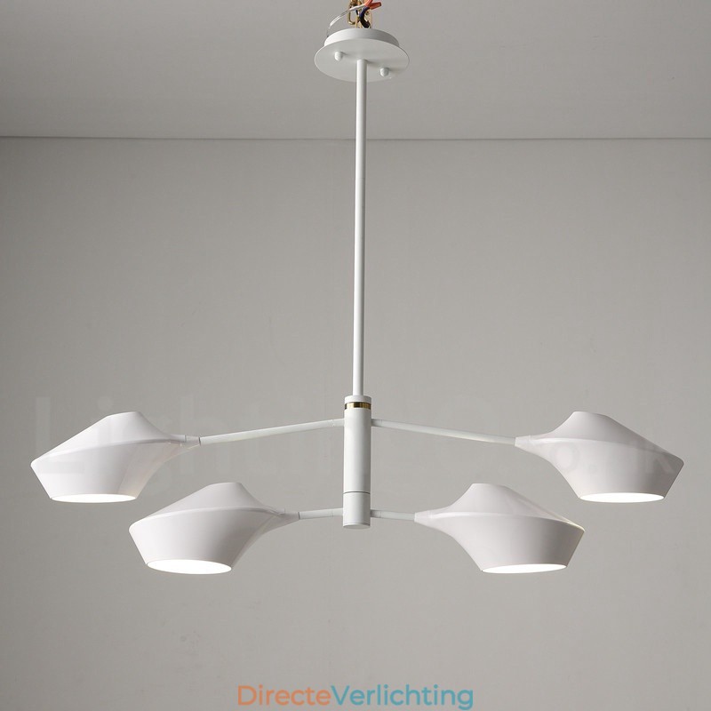 Moderne eigentijdse pijpkroonluchter met witte en zwarte acrylkappen