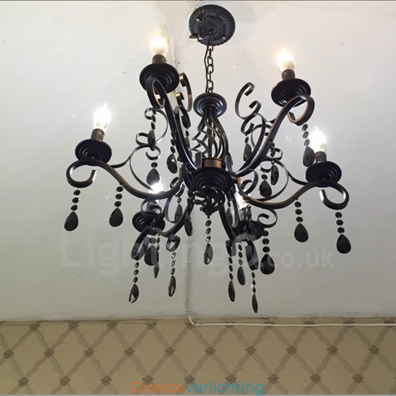 6-lichts kristal rustieke retro vintage zwart wit blauwe hangkaars kroonluchter