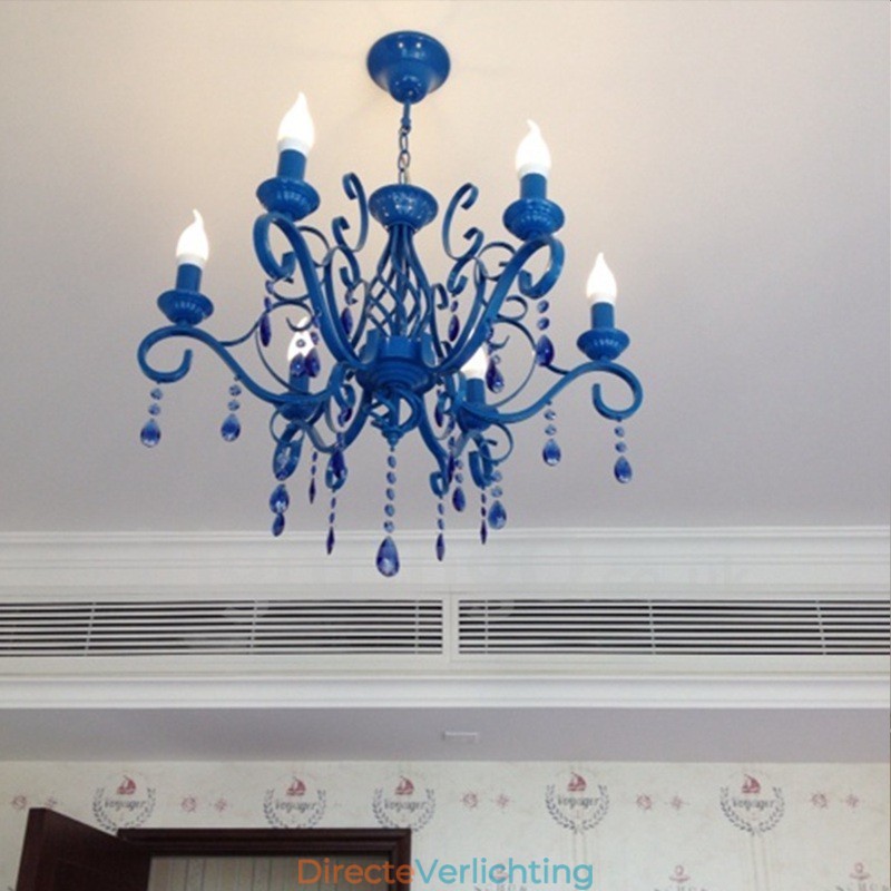 6-lichts kristal rustieke retro vintage zwart wit blauwe hangkaars kroonluchter
