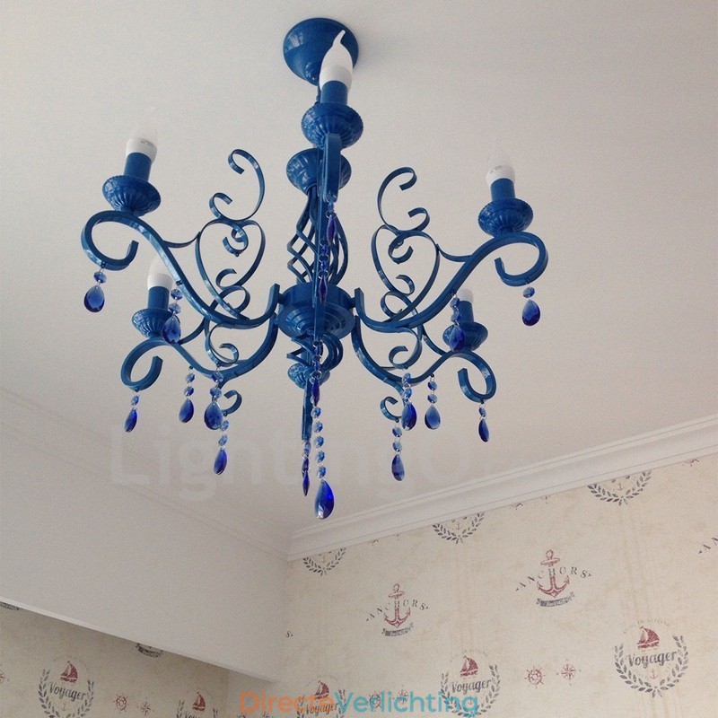 6-lichts kristal rustieke retro vintage zwart wit blauwe hangkaars kroonluchter