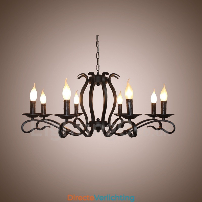 8-lichts rustieke retro vintage zwarte hangende kaars kroonluchter