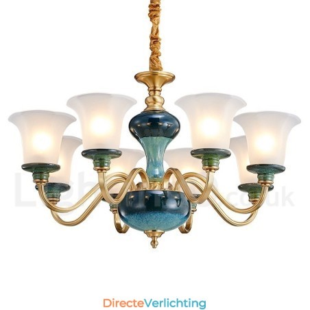 Retro Vintage Messing Keramiek Hangende Kaars Kroonluchter met Glazen Kapjes Retro Vintage Messing Keramiek Hangende Kaars Kroonluchter met Glazen Kapjes