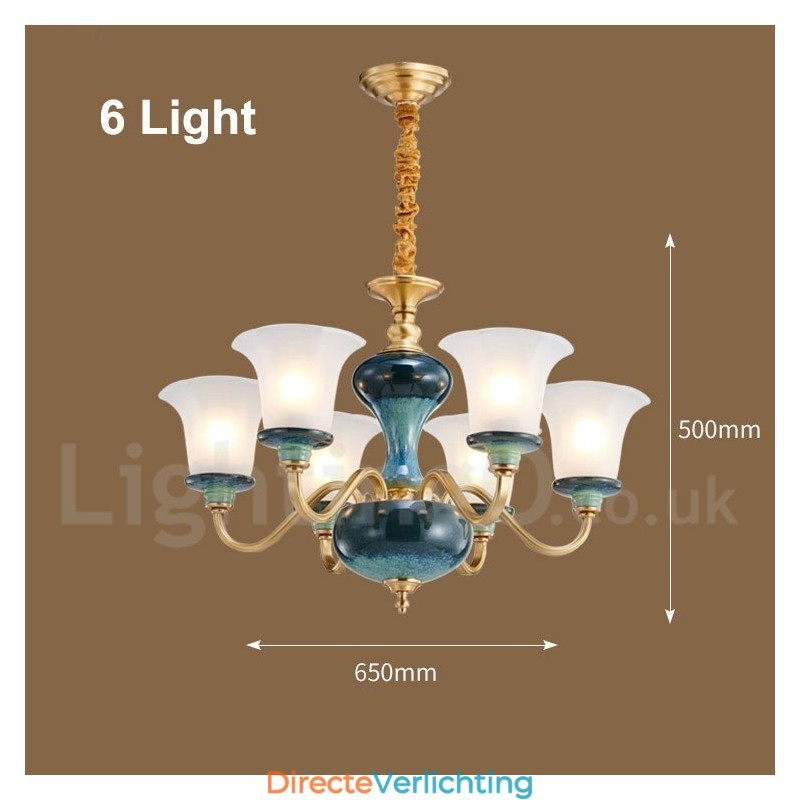 Retro Vintage Messing Keramiek Hangende Kaars Kroonluchter met Glazen Kapjes
