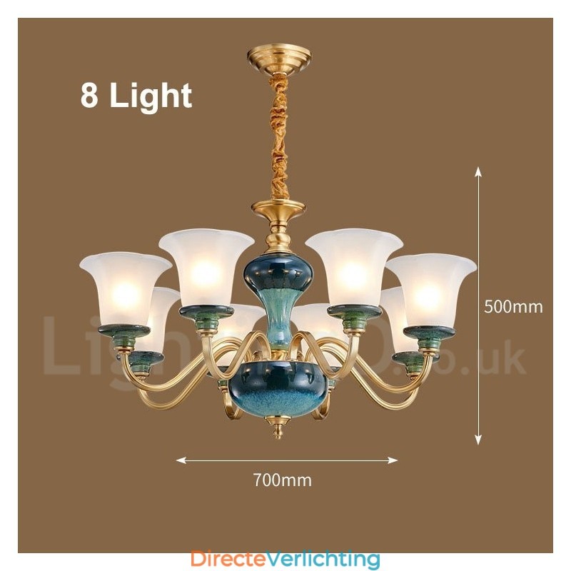 Retro Vintage Messing Keramiek Hangende Kaars Kroonluchter met Glazen Kapjes
