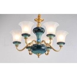 Retro Vintage Messing Keramiek Hangende Kaars Kroonluchter met Glazen Kapjes