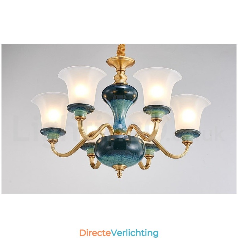 Retro Vintage Messing Keramiek Hangende Kaars Kroonluchter met Glazen Kapjes