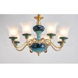 Retro Vintage Messing Keramiek Hangende Kaars Kroonluchter met Glazen Kapjes