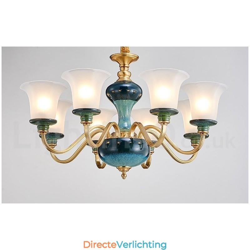 Retro Vintage Messing Keramiek Hangende Kaars Kroonluchter met Glazen Kapjes