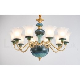 Retro Vintage Messing Keramiek Hangende Kaars Kroonluchter met Glazen Kapjes