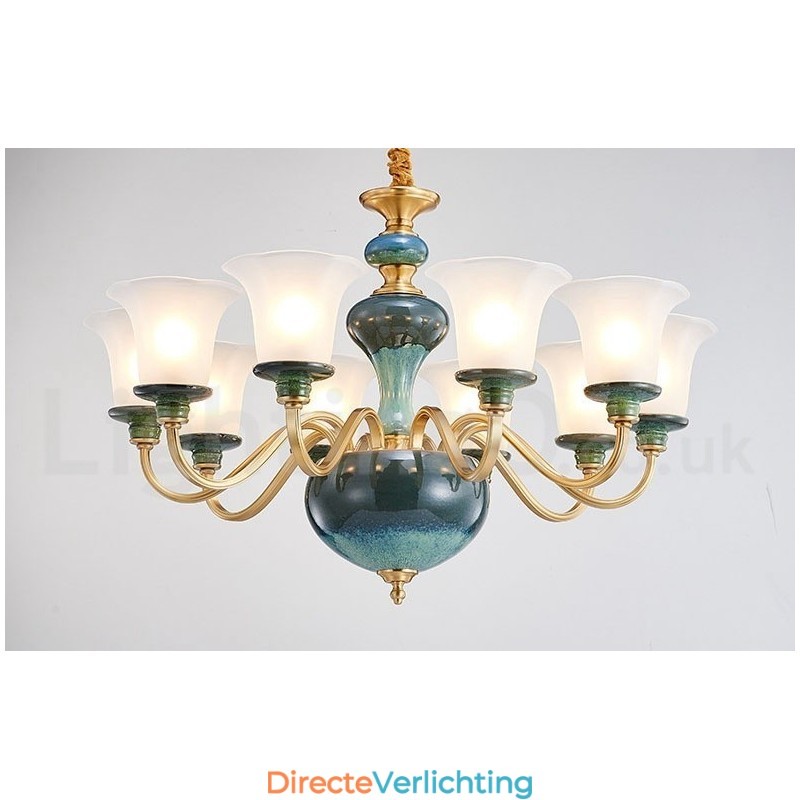 Retro Vintage Messing Keramiek Hangende Kaars Kroonluchter met Glazen Kapjes