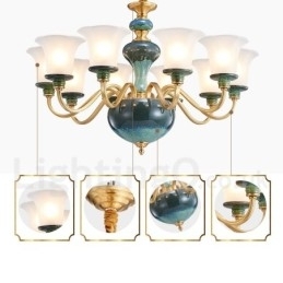 Retro Vintage Messing Keramiek Hangende Kaars Kroonluchter met Glazen Kapjes