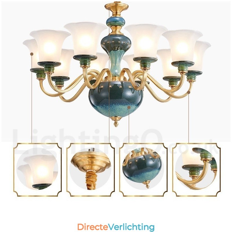 Retro Vintage Messing Keramiek Hangende Kaars Kroonluchter met Glazen Kapjes