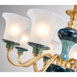 Retro Vintage Messing Keramiek Hangende Kaars Kroonluchter met Glazen Kapjes