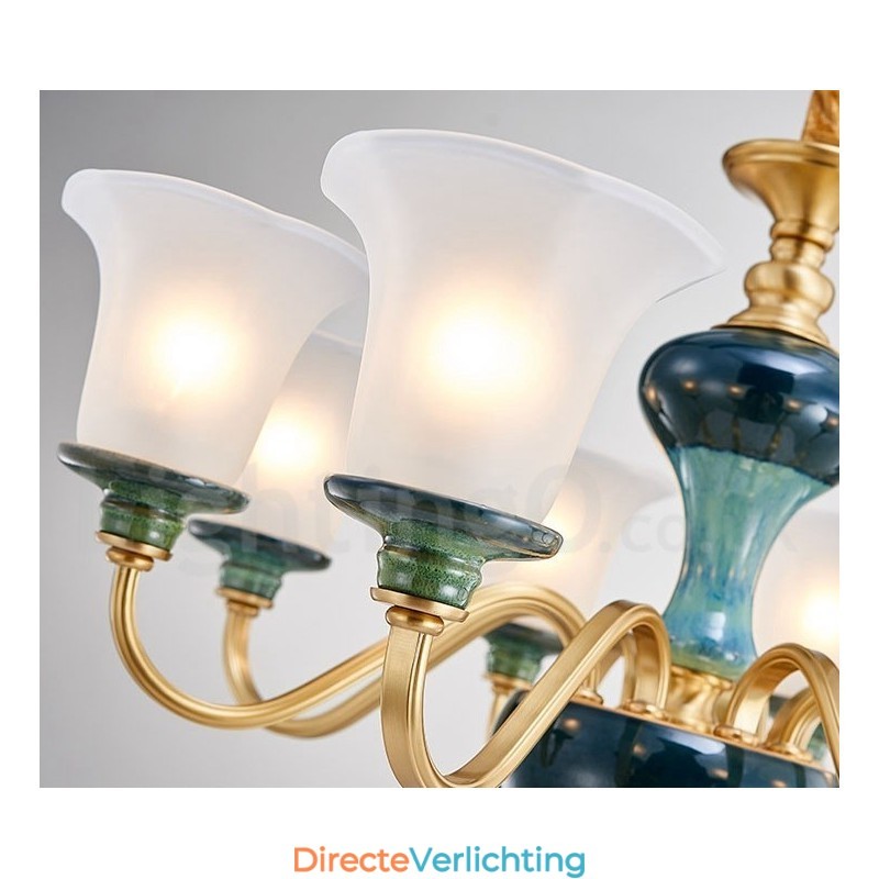 Retro Vintage Messing Keramiek Hangende Kaars Kroonluchter met Glazen Kapjes