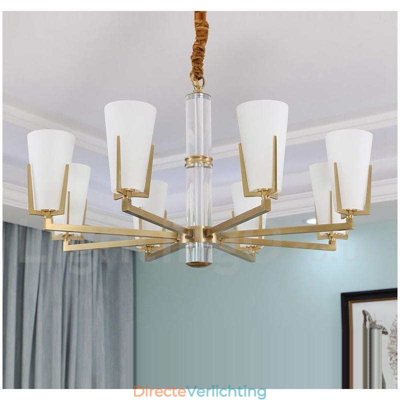 Retro Vintage Messing Kristallen Hangkaars Kroonluchter met Glazen Kapjes