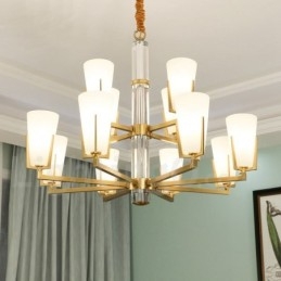 Retro Vintage Messing Kristallen Hangkaars Kroonluchter met Glazen Kapjes
