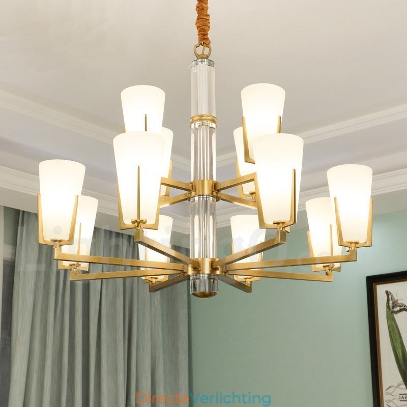 Retro Vintage Messing Kristallen Hangkaars Kroonluchter met Glazen Kapjes