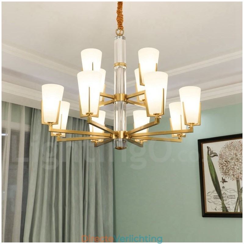 Retro Vintage Messing Kristallen Hangkaars Kroonluchter met Glazen Kapjes