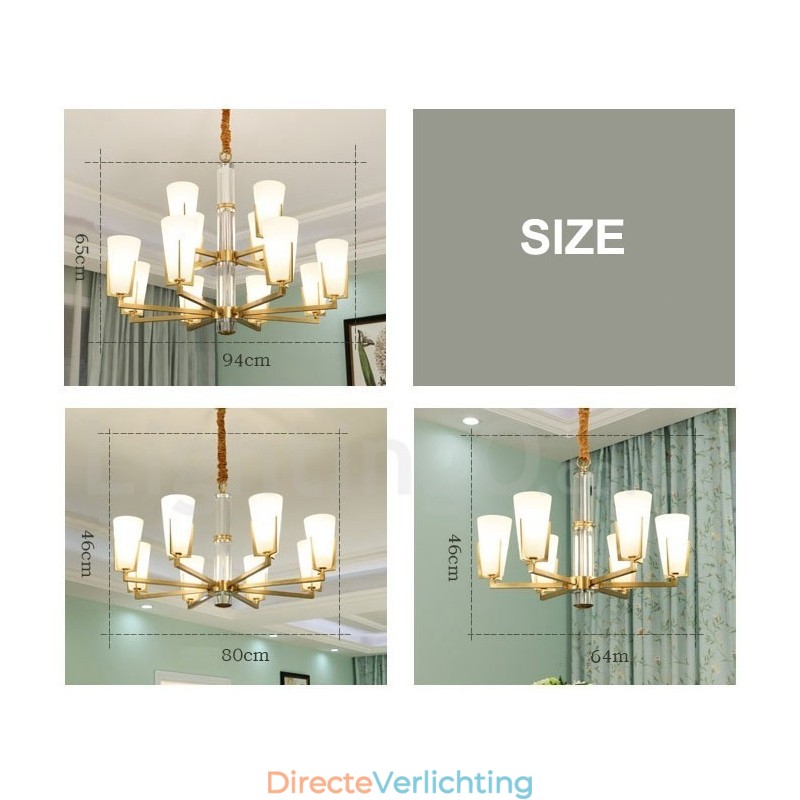 Retro Vintage Messing Kristallen Hangkaars Kroonluchter met Glazen Kapjes